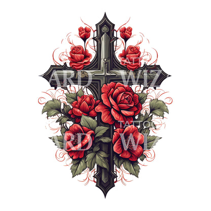 Old School Cross with Roses Tattoo Design