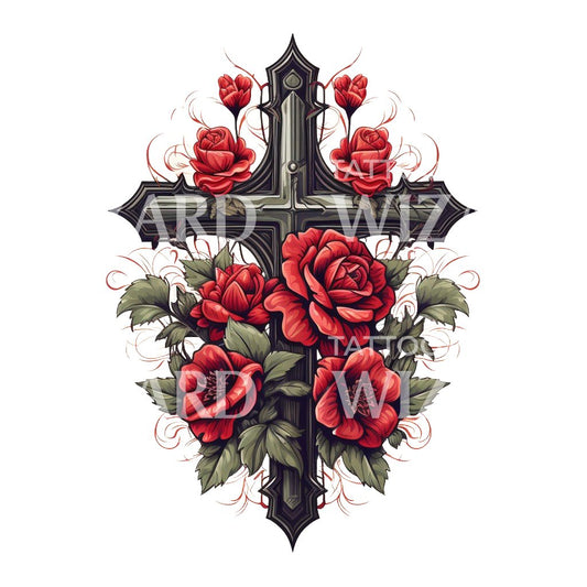 Old School Cross with Roses Tattoo Design