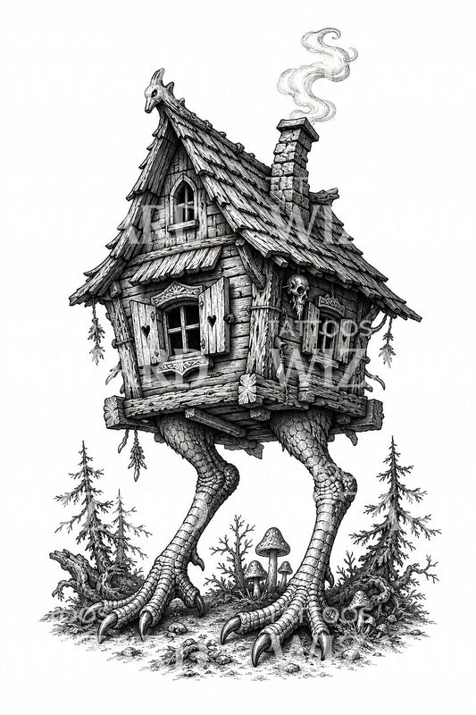 Ilustração de tatuagem da cabana de Baba Yaga