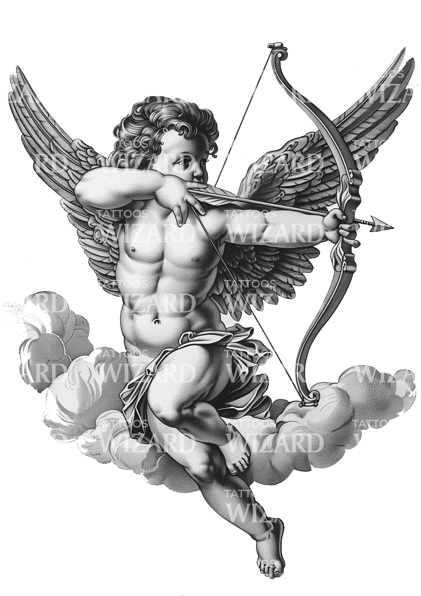 Baby Cupid Flying with Bow and Arrow Tattoo Design