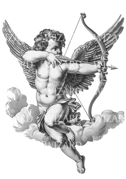Baby Cupid Flying with Bow and Arrow Tattoo Design