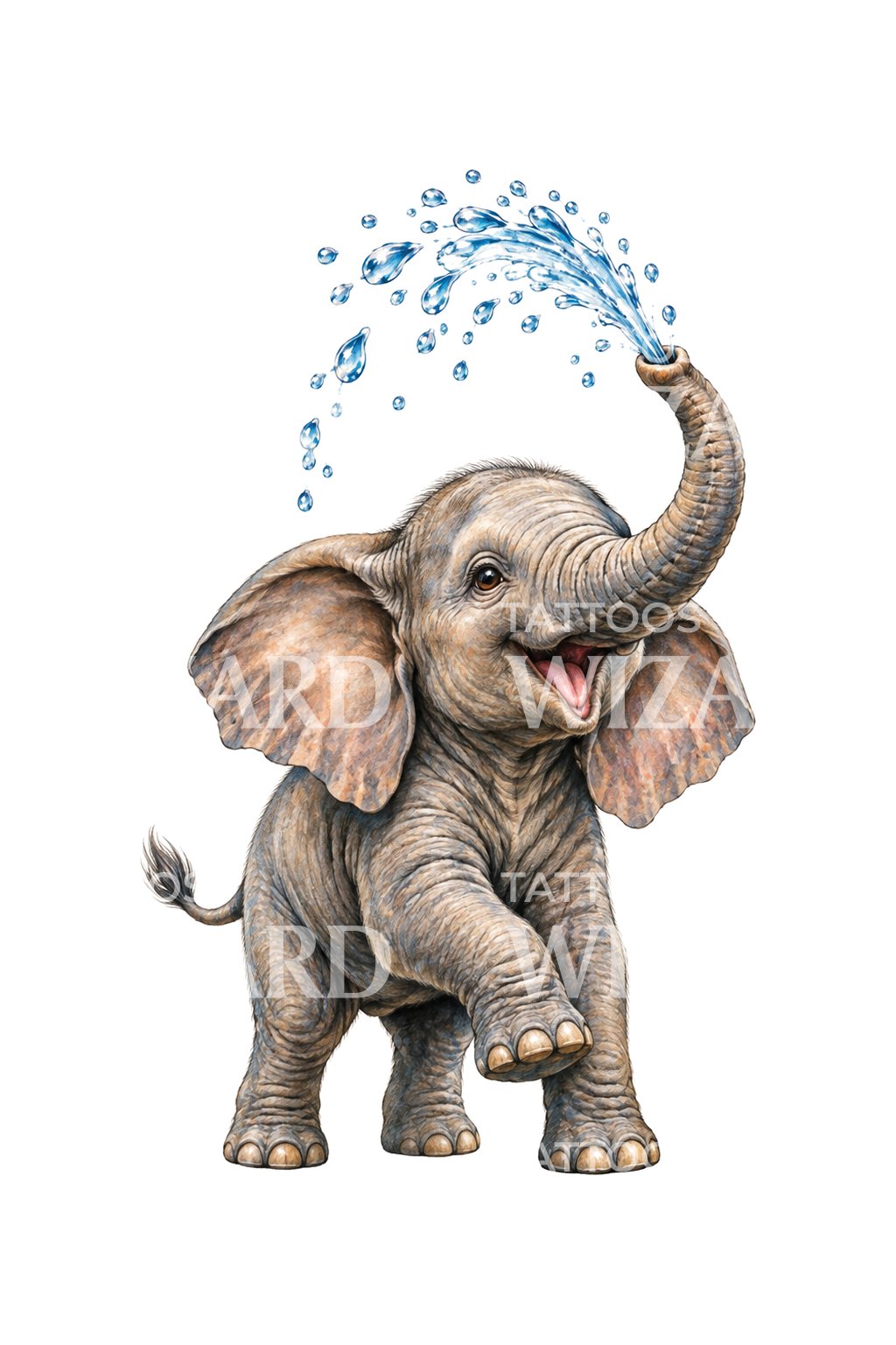 Baby Elephant Spraying Water Joy Tattoo Illustration