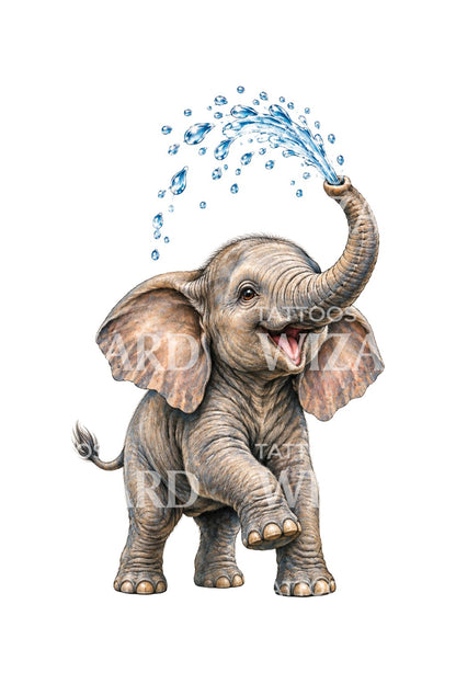 Baby Elephant Spraying Water Joy Tattoo Illustration