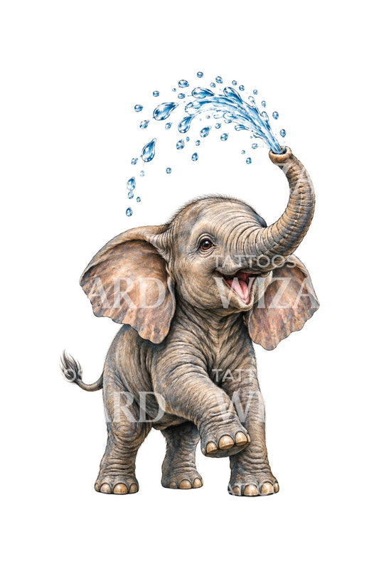 Baby Elephant Spraying Water Joy Tattoo Illustration