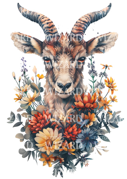 Baby Goat with Flowers Tattoo Idea