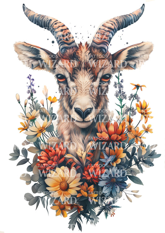 Baby Goat with Flowers Tattoo Idea