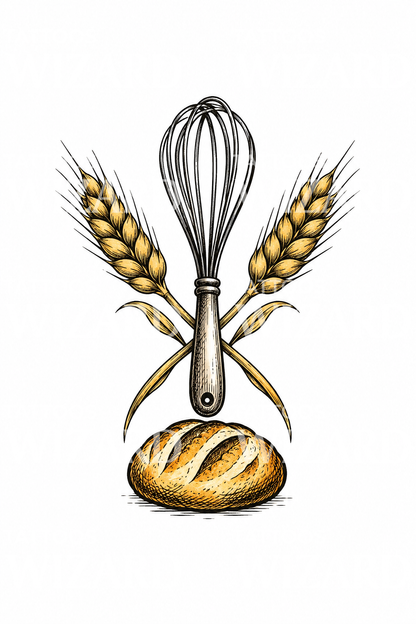 Tattoo-Illustration mit Schneebesen, Weizen und Brotlaib