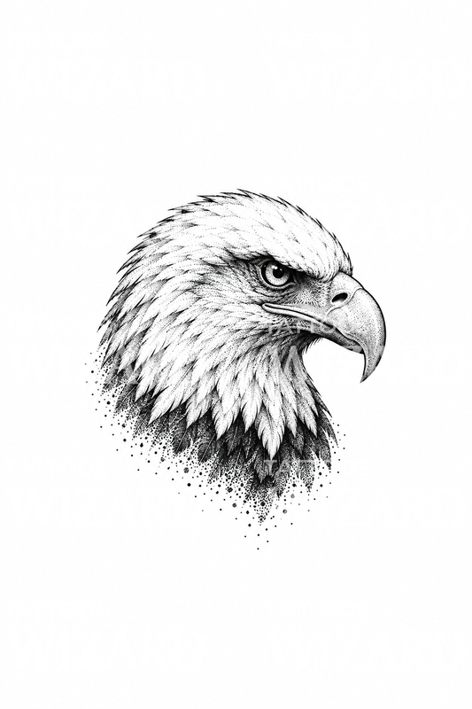 Kop van een Amerikaanse zeearend in profiel, dotwork-tattoo