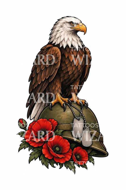 Bald Eagle on Combat Helmet with Dog Tags and Poppies Tattoo