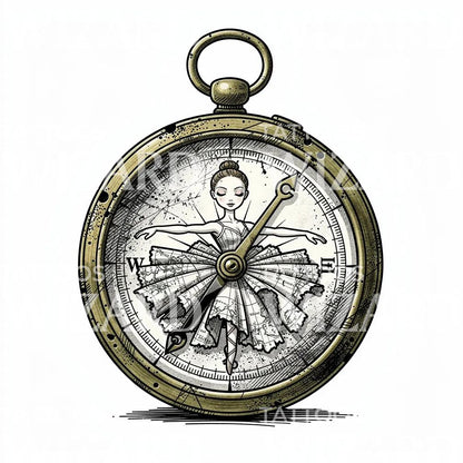Ballerina Compass Pocketwatch Tattoo Design