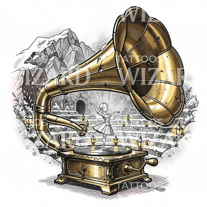 Ballerina Gramophone Tattoo Illustration