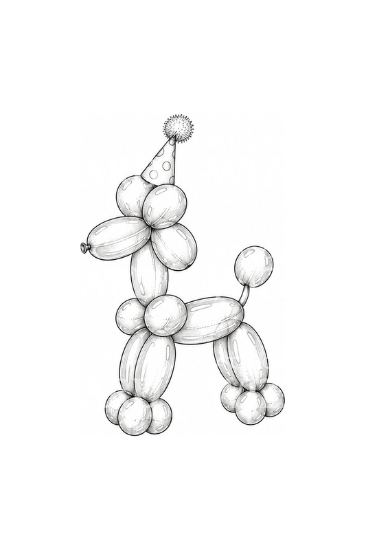 Caniche de balão com chapéu de palhaço, tatuagem fine line