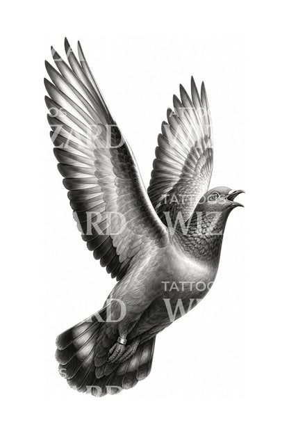 Geringde postduif in vlucht, tattoo-ontwerp
