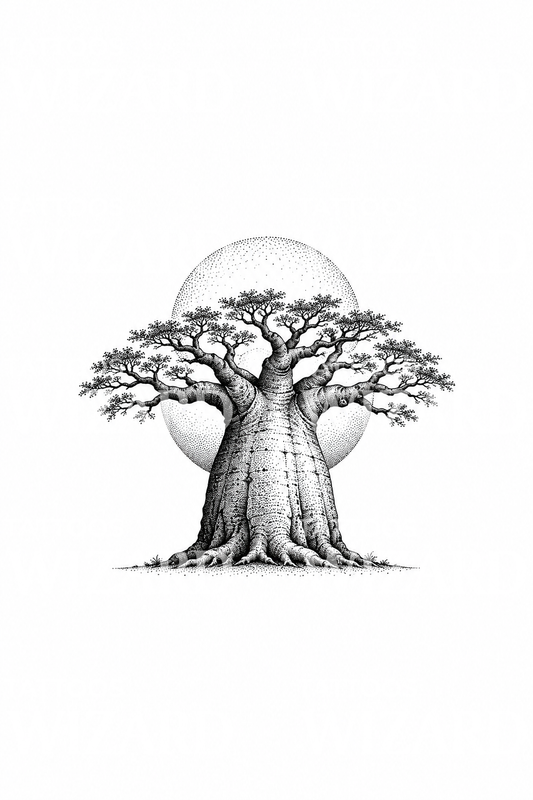 Tatuaggio dotwork di un baobab sotto il sole al tramonto