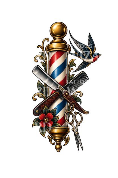 Tattoo-ontwerp met kapperspaal, scheermes en kam