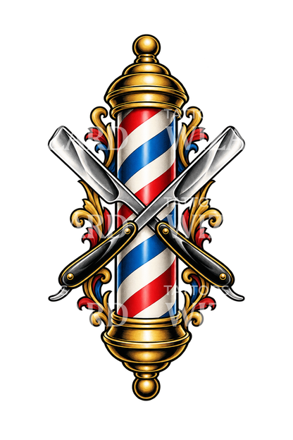 Tatuering av barberarstolpe med korsade rakknivar