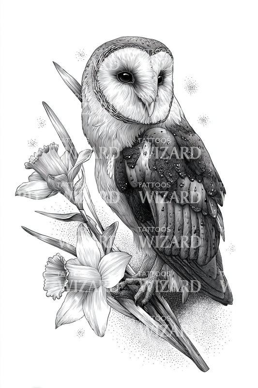 Barn Owl Daffodil Tattoo Design