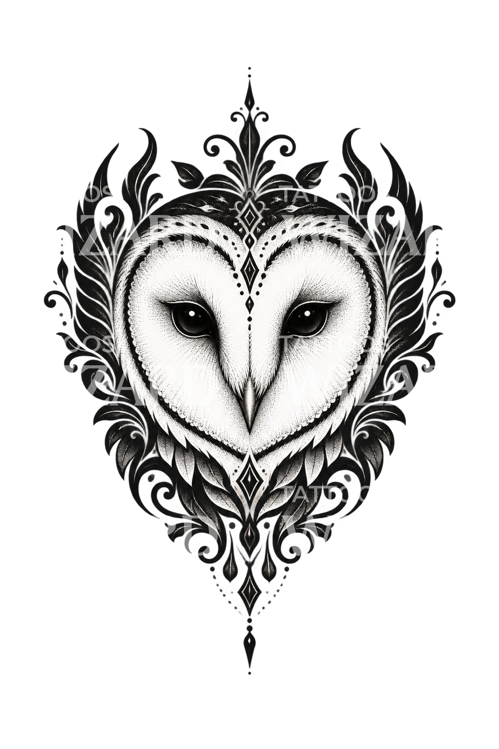Tato hati wajah burung hantu serak ornamental blackwork