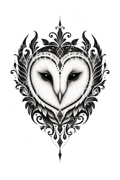 Tato hati wajah burung hantu serak ornamental blackwork