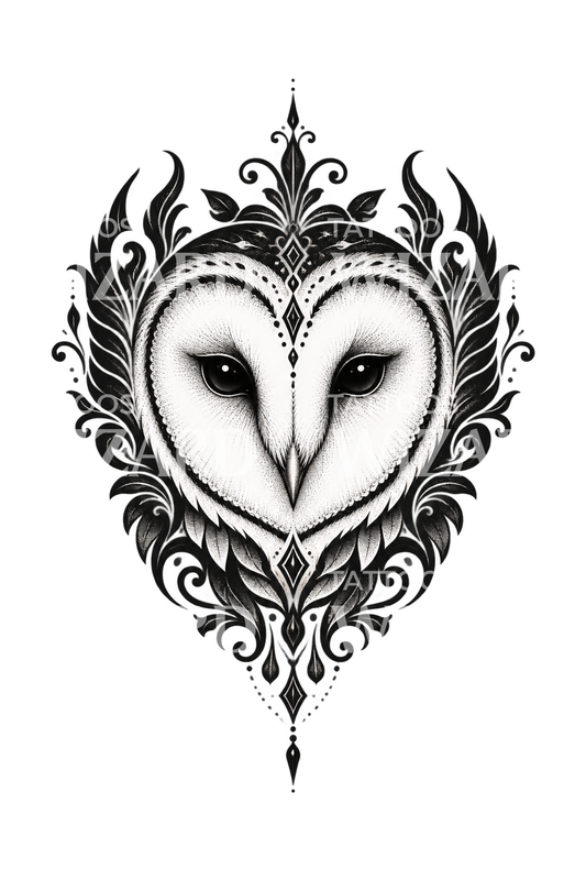 Tatuagem blackwork ornamental de coração com rosto de coruja-das-torres