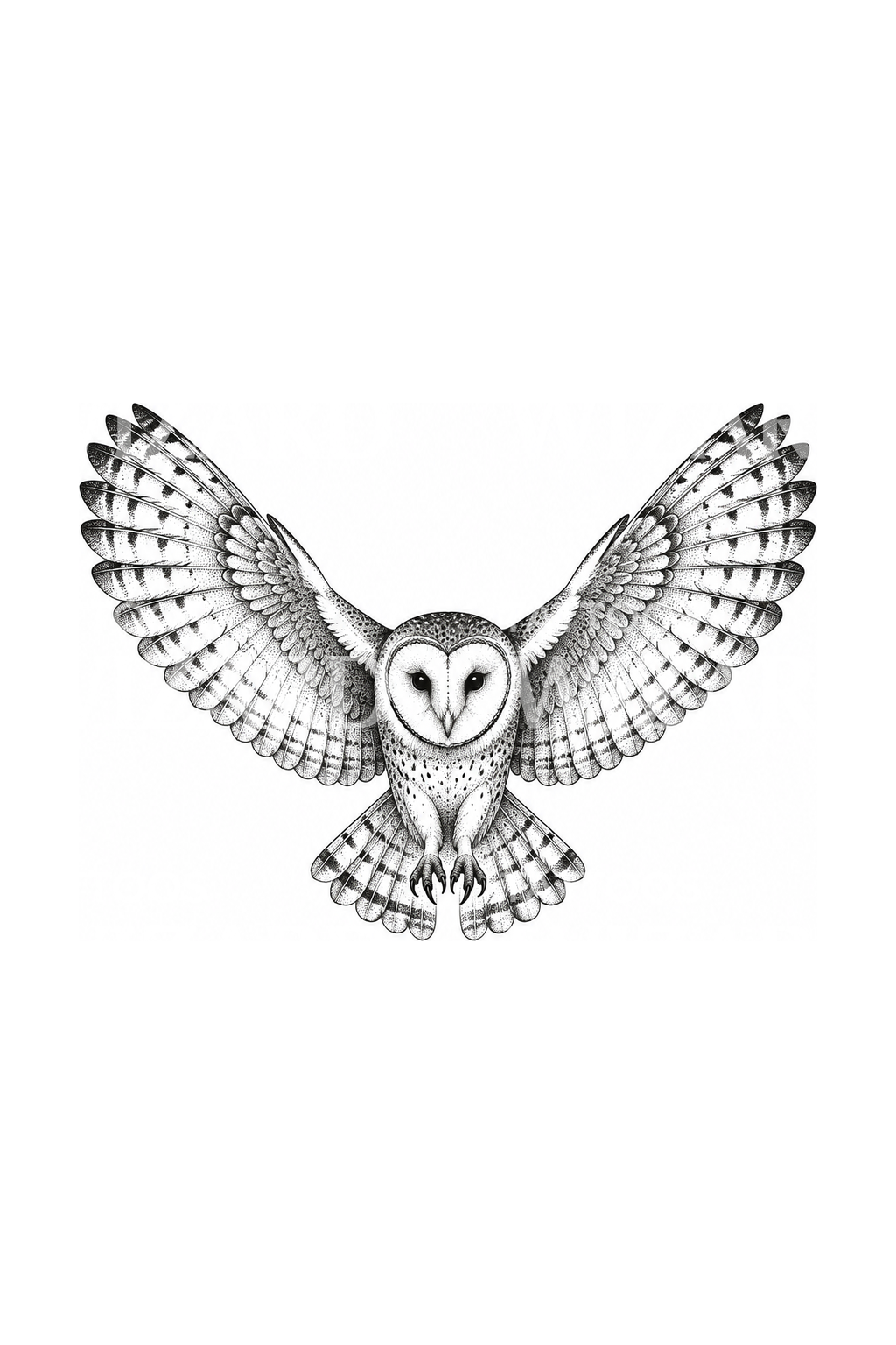 Burung hantu serak dalam penerbangan sunyi, desain tato dotwork