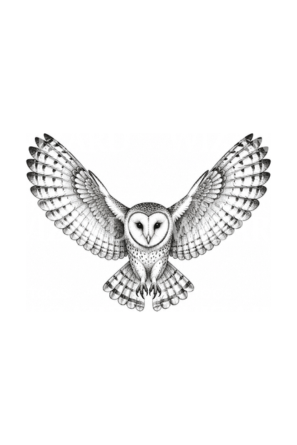 Burung hantu serak dalam penerbangan sunyi, desain tato dotwork