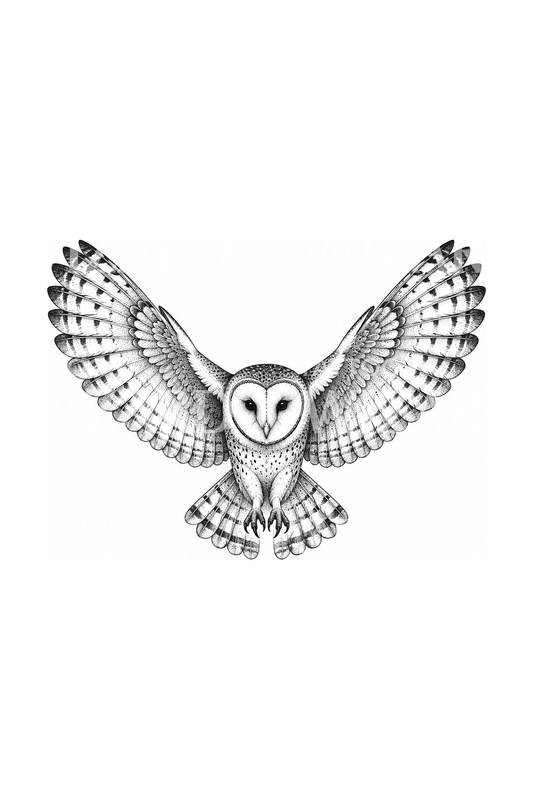 Burung hantu serak dalam penerbangan sunyi, desain tato dotwork