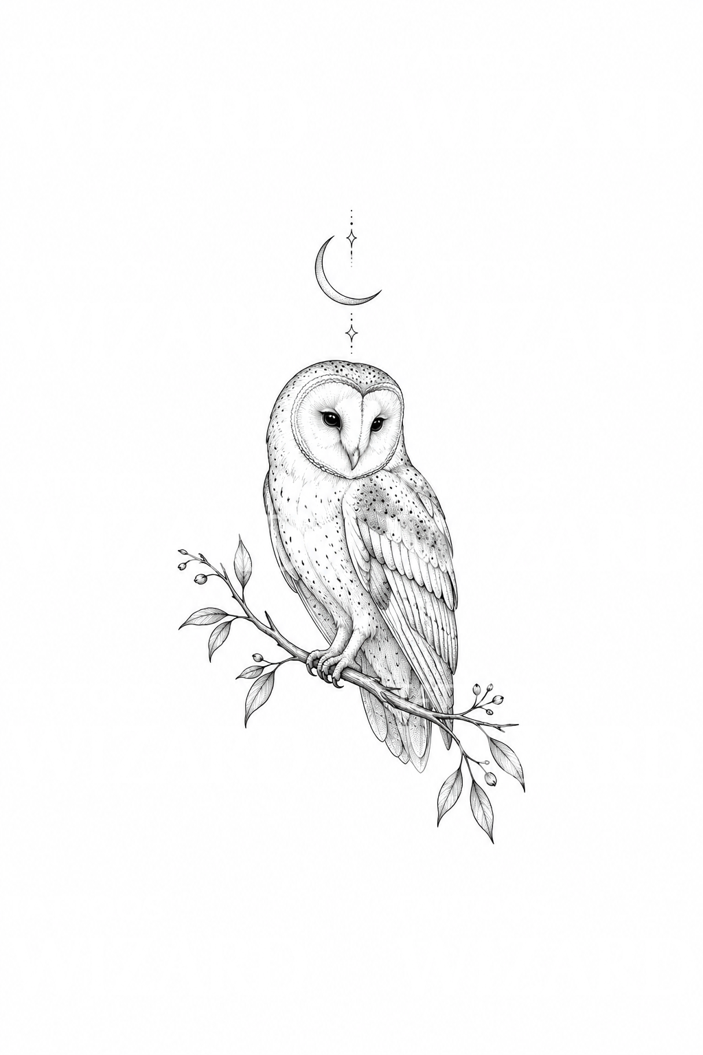 Tattoo-idee van een kerkuil op een tak met wassende maan