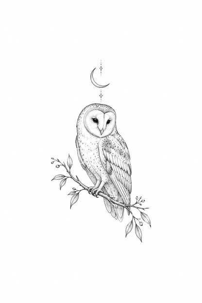 Tattoo-idee van een kerkuil op een tak met wassende maan