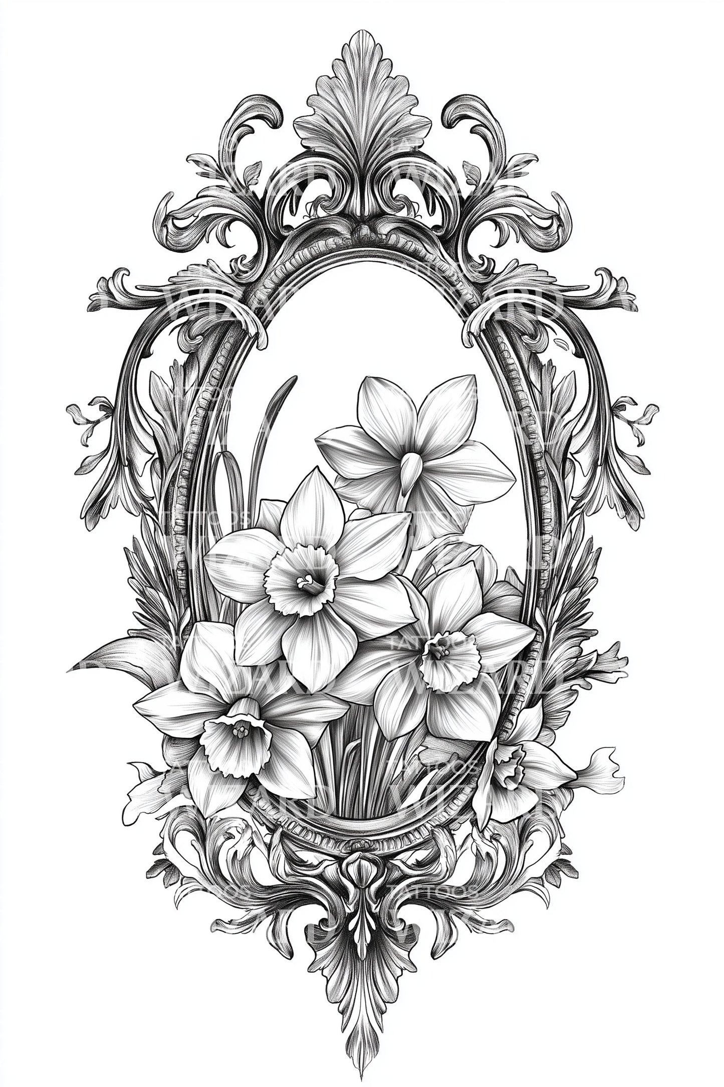 Diseño de tatuaje de camafeo floral barroco