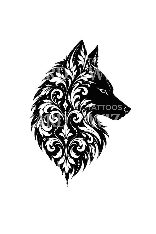 Design de tatuagem de silhueta de lobo com arabescos barrocos