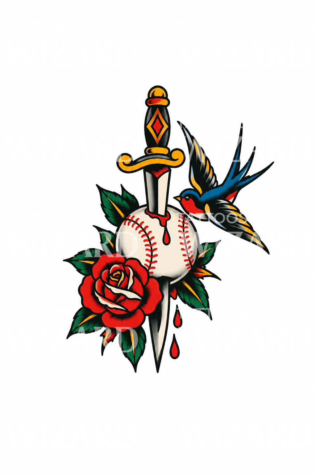 Tatuagem flash de punhal, rosa e andorinha de basebol