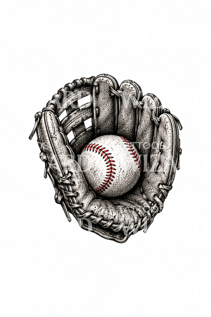 Baseball dans un gant usé, tatouage dotwork