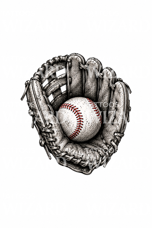Baseball kopott kesztyűben, dotwork tetoválás
