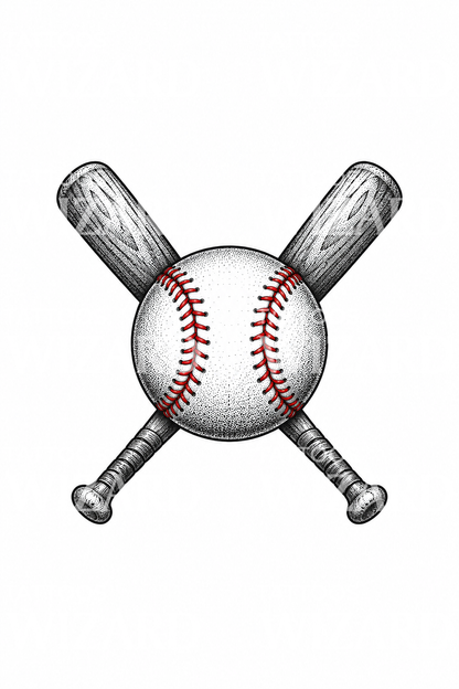 Baseball with Crossed Bats Tattoo Illustration