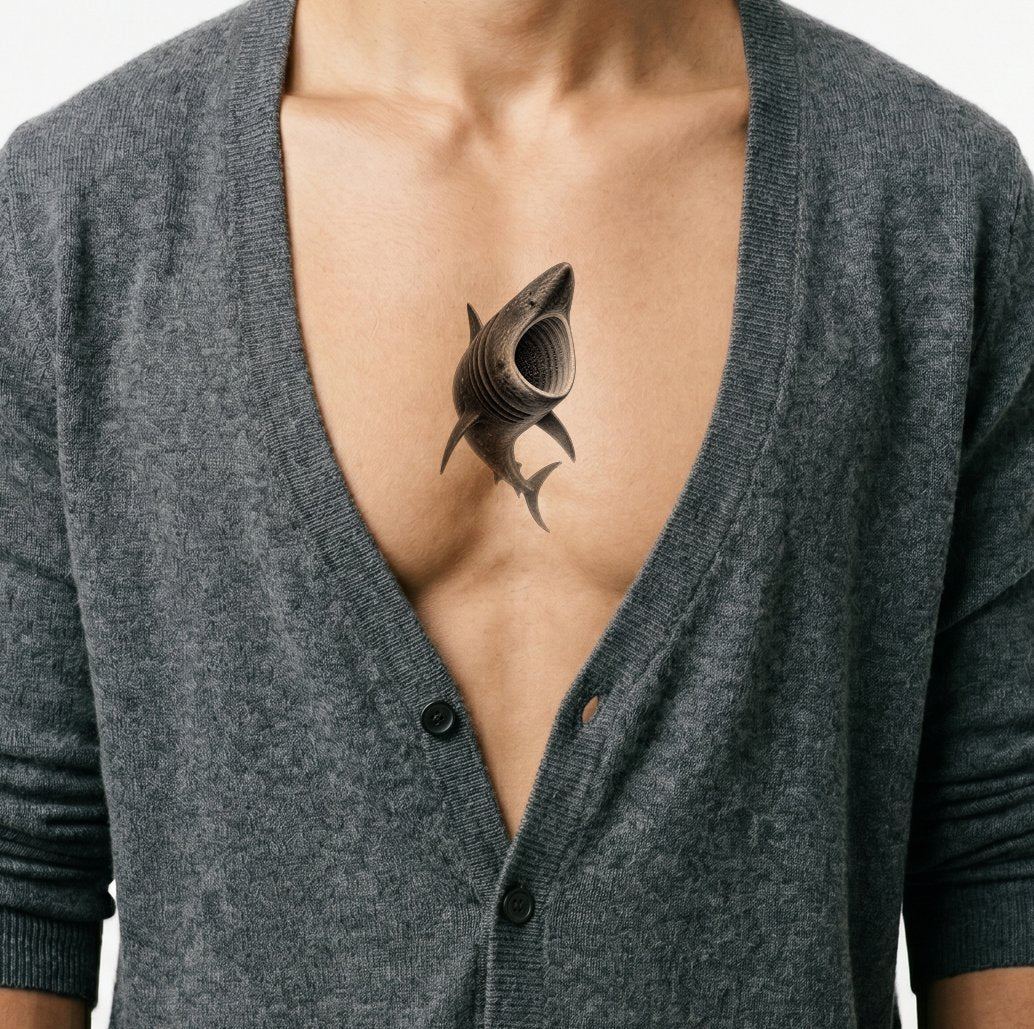 Tatoveringsdesign med brugende haj med åben mund