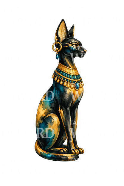 Tatuaż akwarelowy posągu kociej bogini Bastet