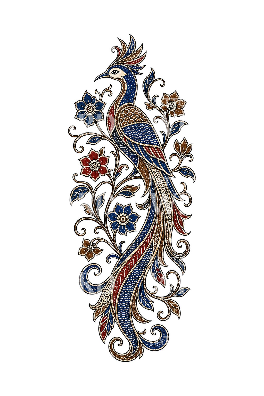 Tattoo-ontwerp van een vogel met lange staart in batikstijl
