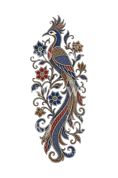 Tattoo-ontwerp van een vogel met lange staart in batikstijl