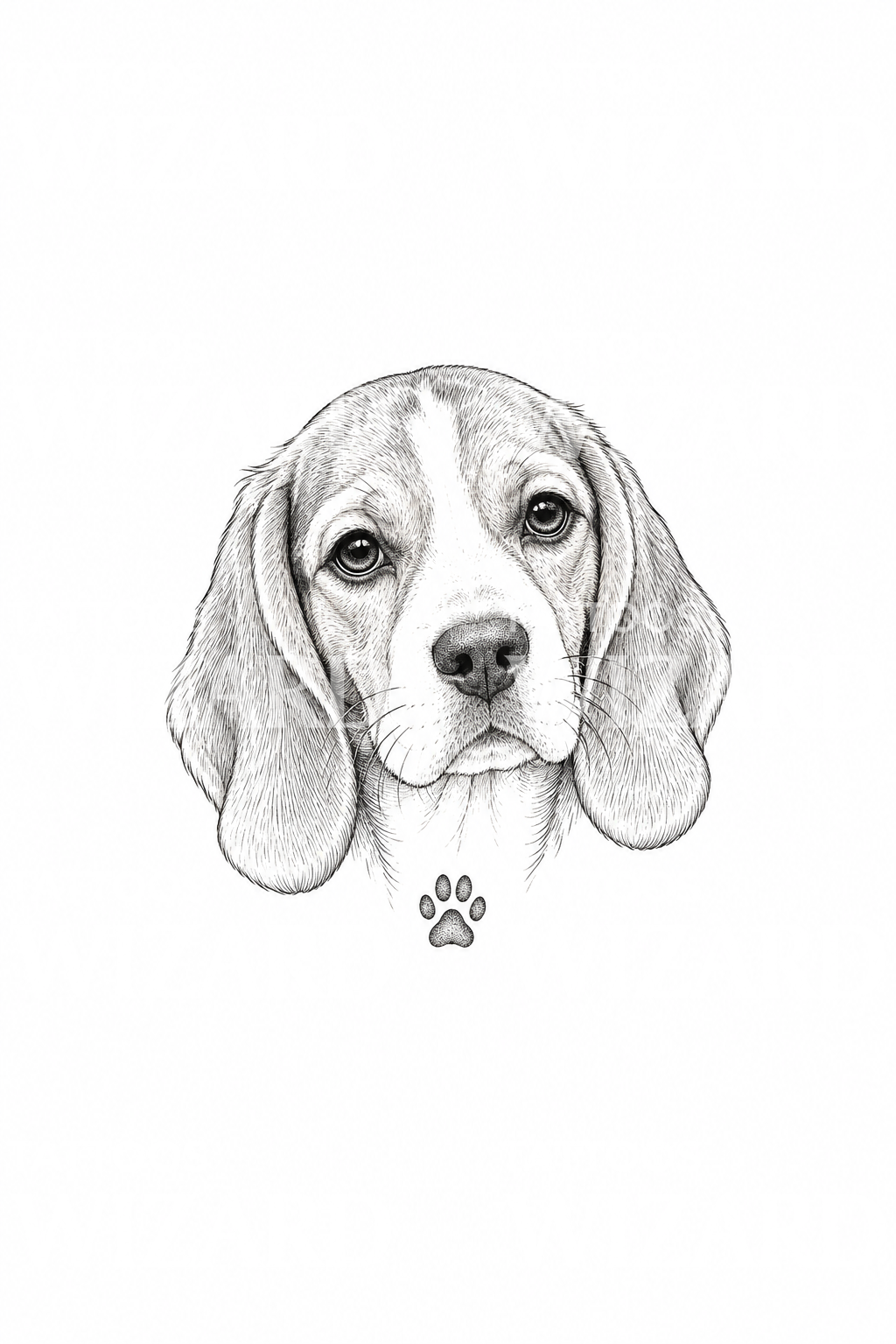 Beagle Head with Paw Print Fine Line Tattoo