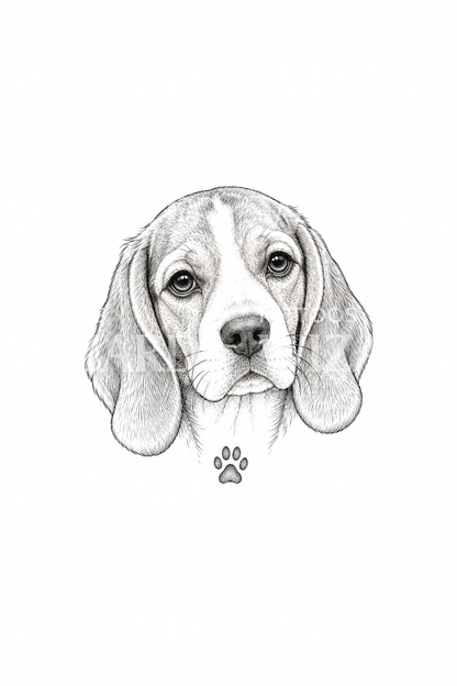 Beagle Head with Paw Print Fine Line Tattoo