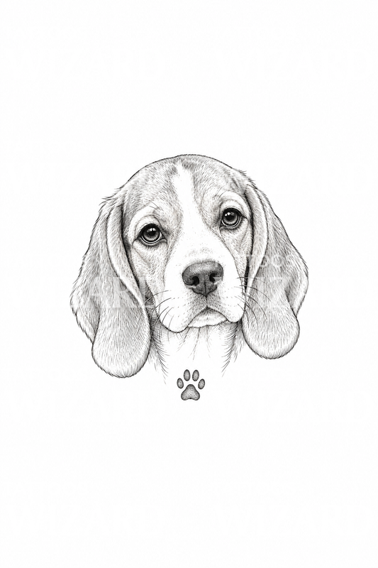 Beagle Head with Paw Print Fine Line Tattoo