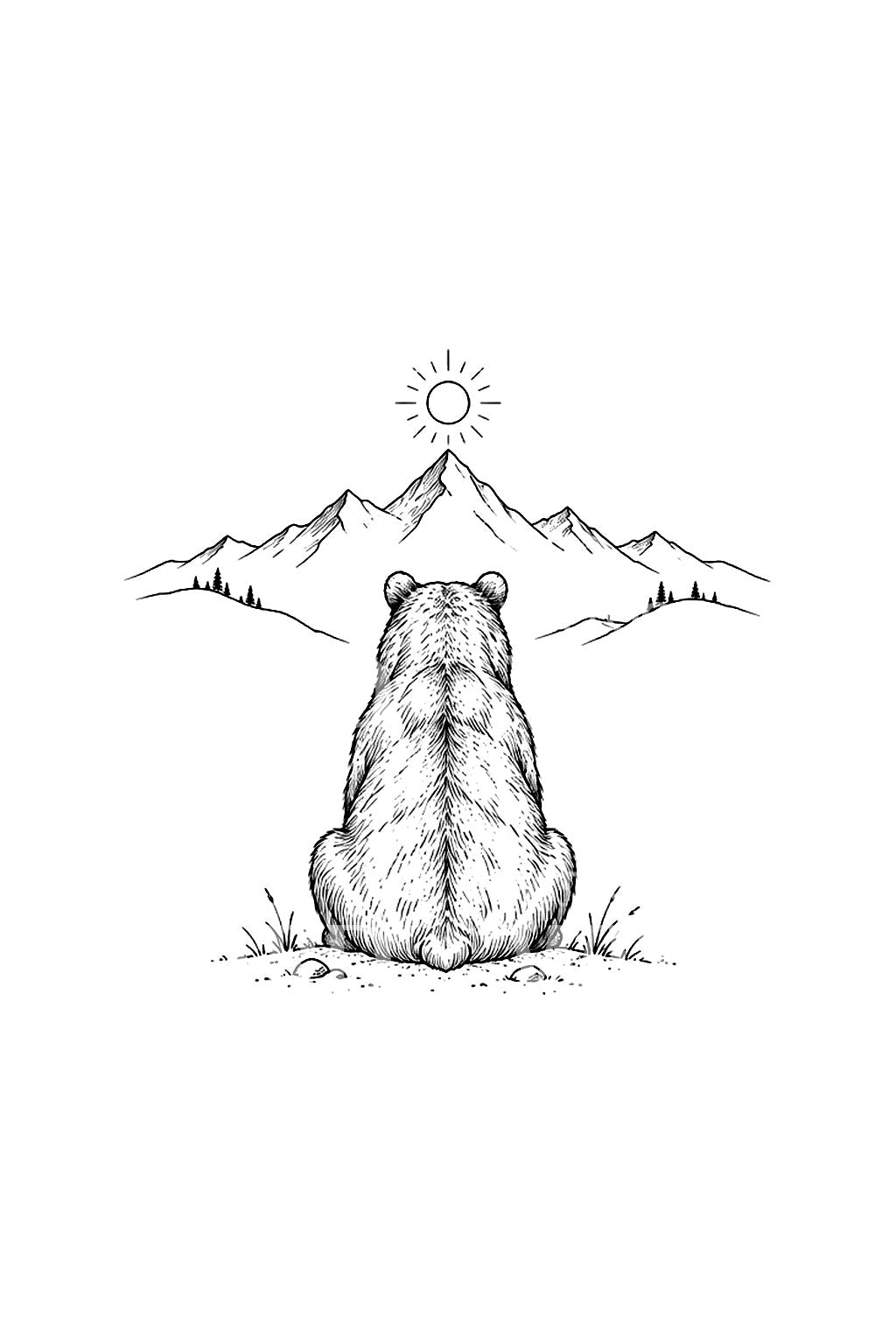 Idée de tatouage d’ours face aux montagnes en fine line