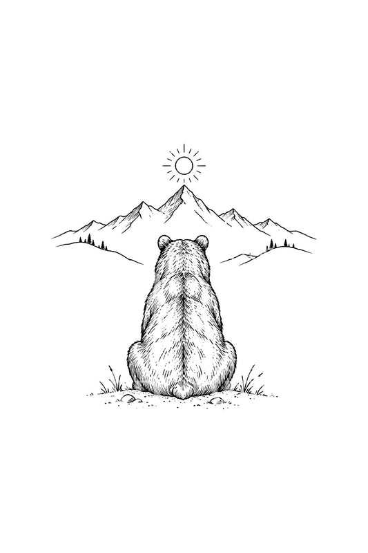 Bear Facing the Mountains Fine Line Tattoo Idea