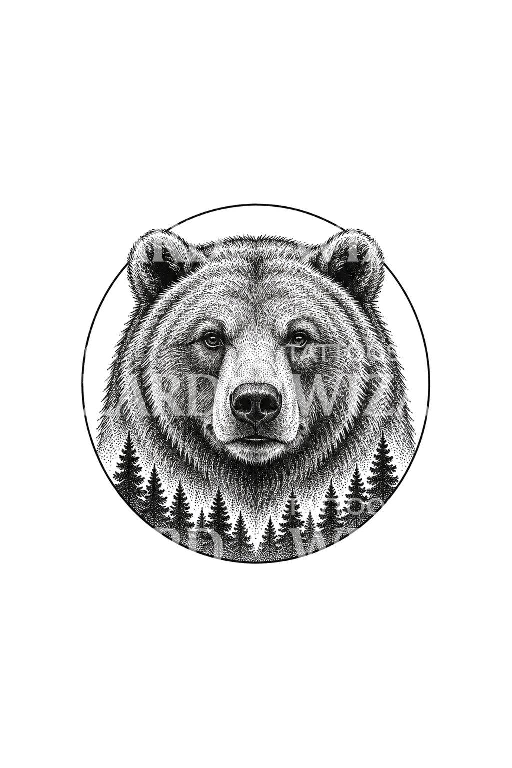 Tatueringsdesign med björnhuvud och cirkel av tallskog