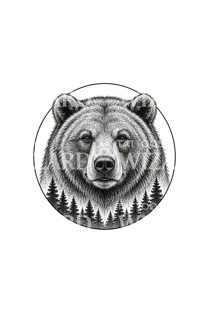 Tatueringsdesign med björnhuvud och cirkel av tallskog