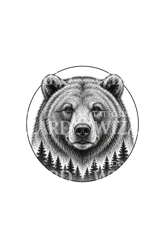 Bear Head with Pine Forest Circle Tattoo Design