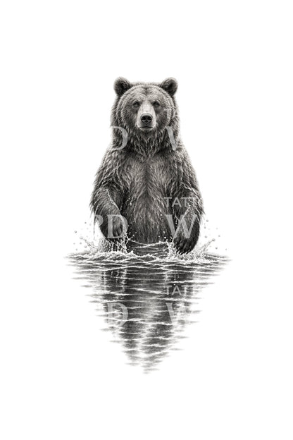 站在齐腰深河水中的熊纹身插画