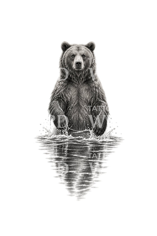 Bär bis zur Hüfte im Fluss, Tattoo-Illustration