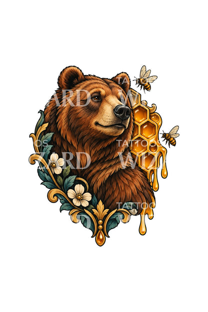 Motif de tatouage ours au rayon de miel dégoulinant
